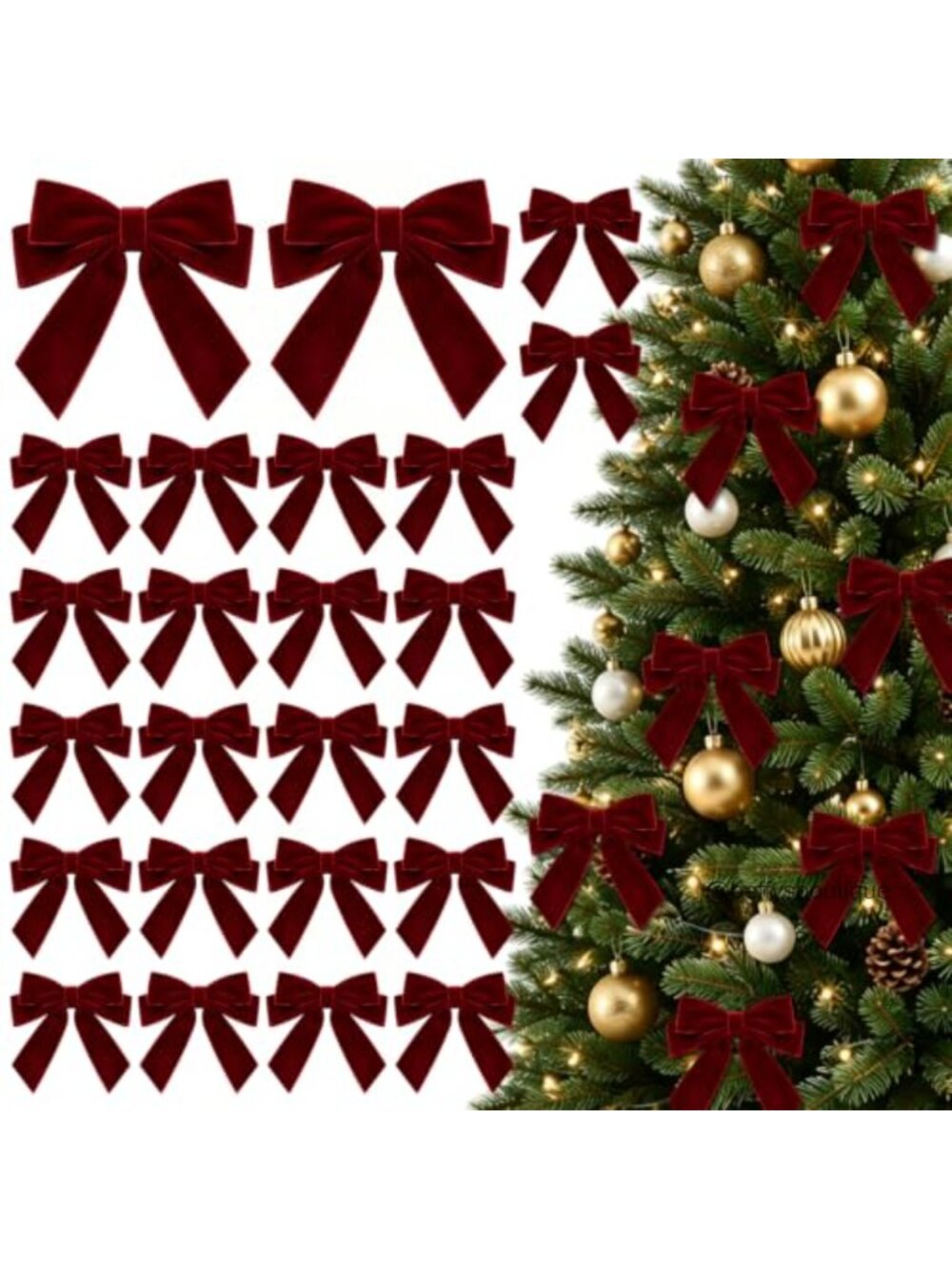 24pk Velvet Christmas Bows 5.91in Tree Decorations